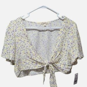 Rewind Flutter Sleeve Tie Front Blouse in Yellow and Gray